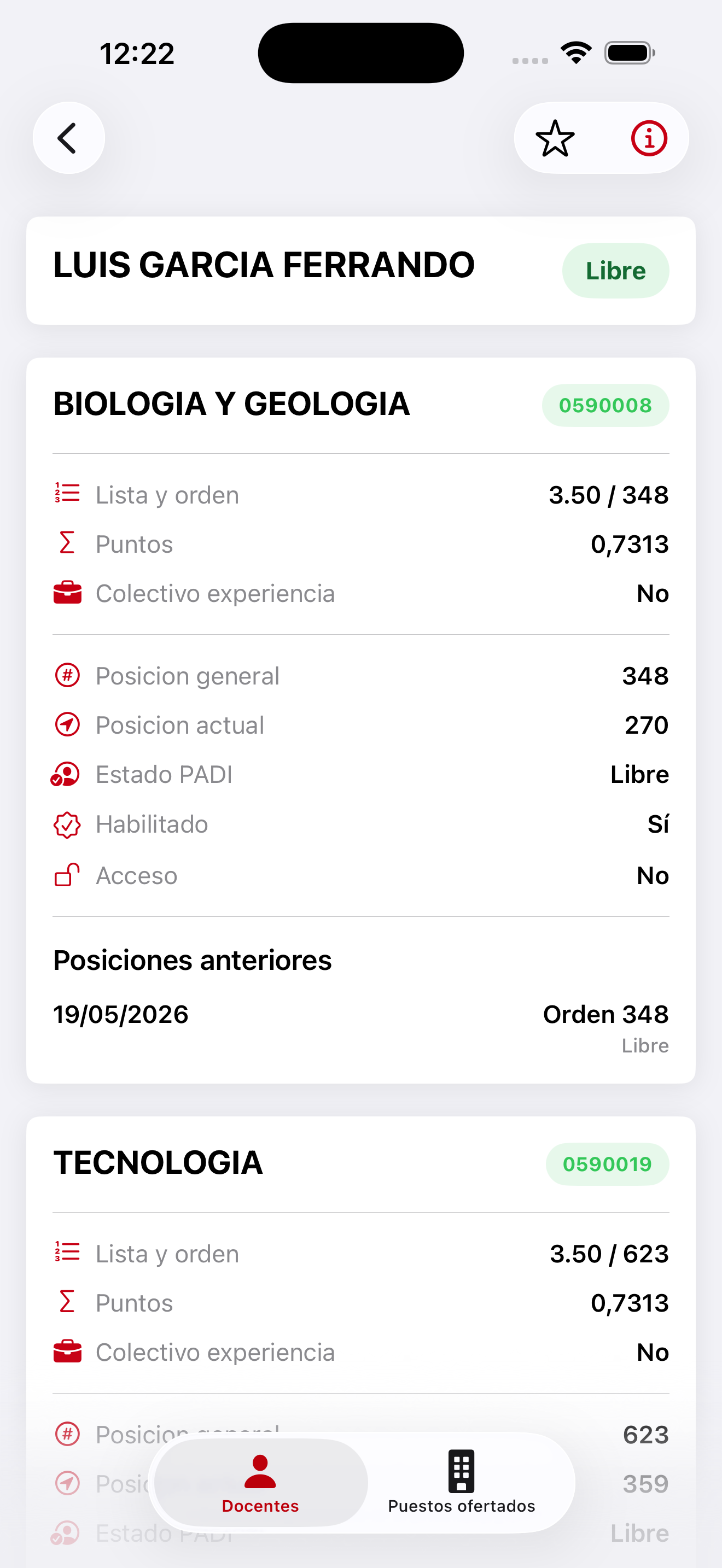 Pantalla de posición docente en Docentes CAM